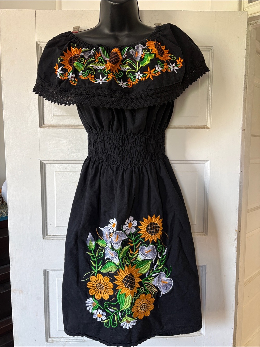 Hand-Embroidered Black Sunflower Midi Dress